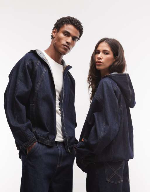 COLLUSION Unisex - Sæt med oversized denimjakke med hætte og jeans i skyllevask, 3 af 3