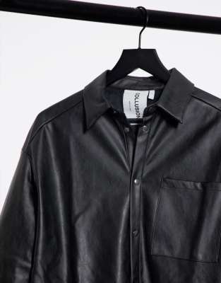 collusion faux leather shacket in black