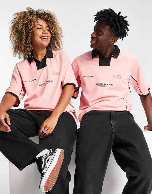 COLLUSION Unisex oversized football style t shirt with print in pink