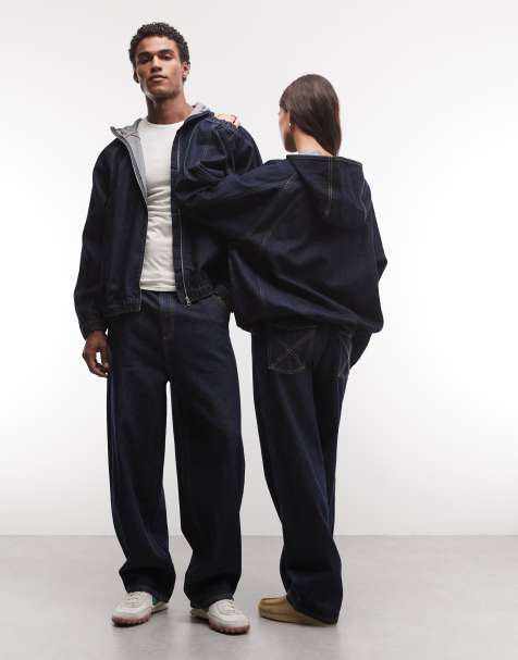 COLLUSION unisex oversized hooded denim jacket & jeans in rinse wash co-ord - view 1