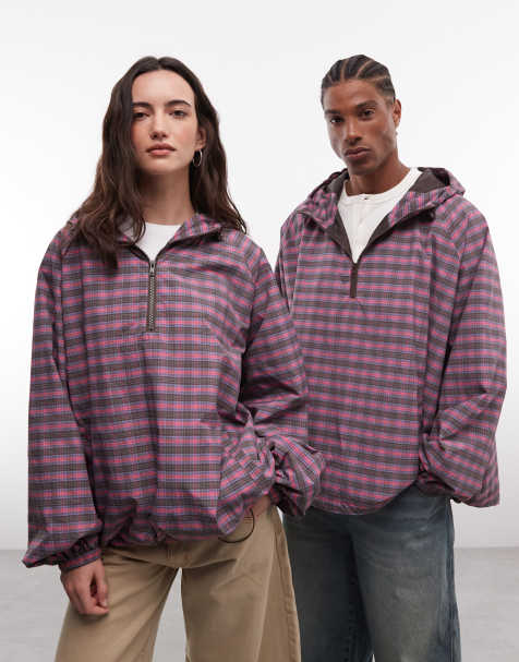 COLLUSION Unisex oversized hooded track jacket in pink plaid - view 1