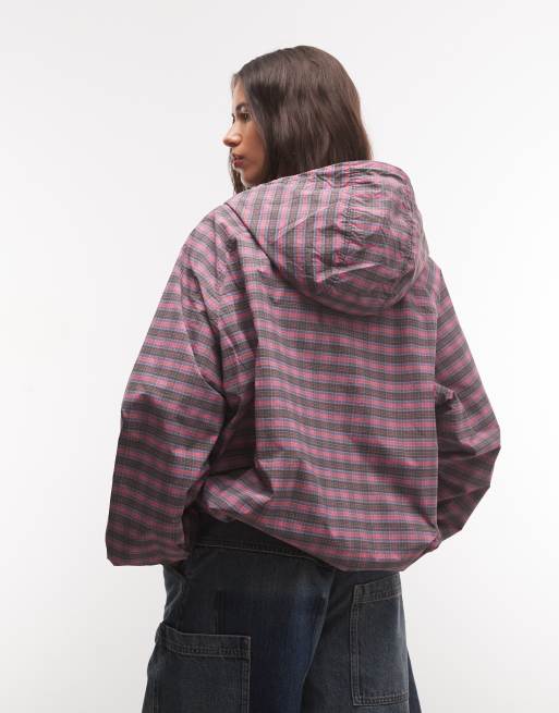 COLLUSION Unisex oversized hooded track jacket in pink plaid, 2 of 4