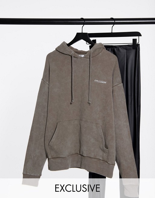 COLLUSION Unisex oversized hoodie in khaki acid wash