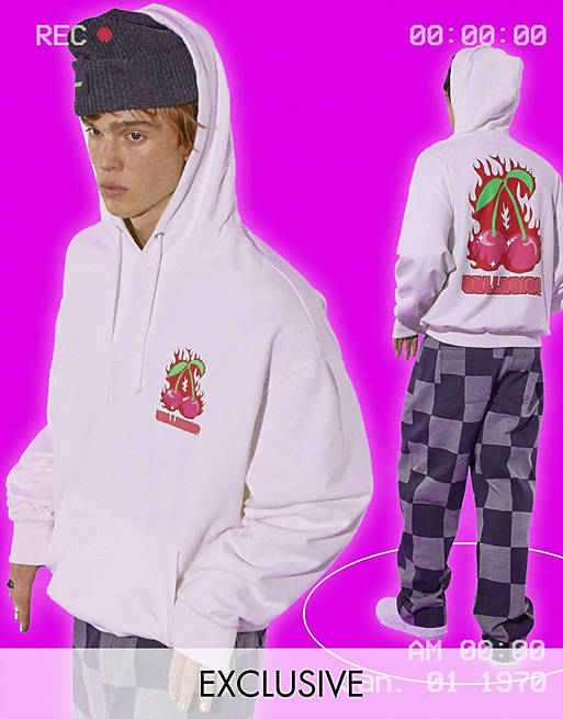  COLLUSION Unisex oversized hoodie with cherry flames print in white 