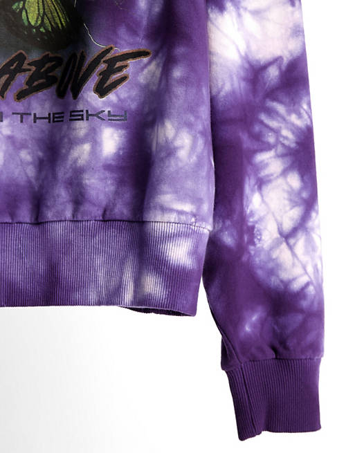 Women COLLUSION Unisex oversized hoodie with grunge butterfly print in purple tie dye 