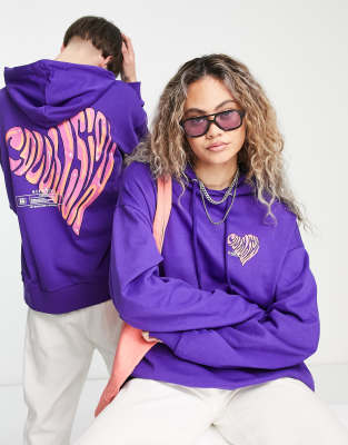 COLLUSION Unisex oversized hoodie with logo heart print in purple acid wash