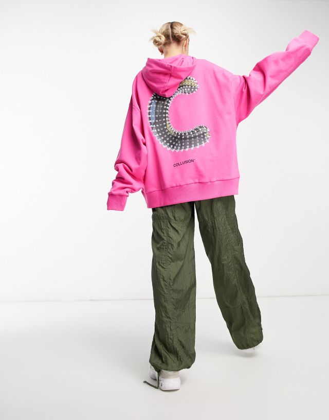 COLLUSION Unisex oversized hoodie with logo spike print in pink