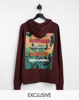 COLLUSION Unisex oversized hoodie with print in burgundy - ASOS Price Checker