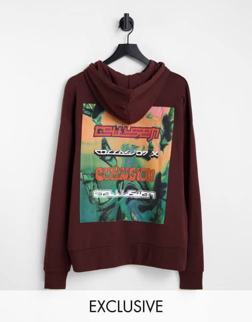 Collusion Unisex Oversized Hoodie With Print In Burgundy Asos