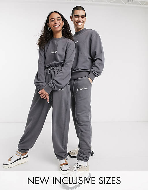 COLLUSION Unisex oversized joggers with spliced reverse fabric in charcoal