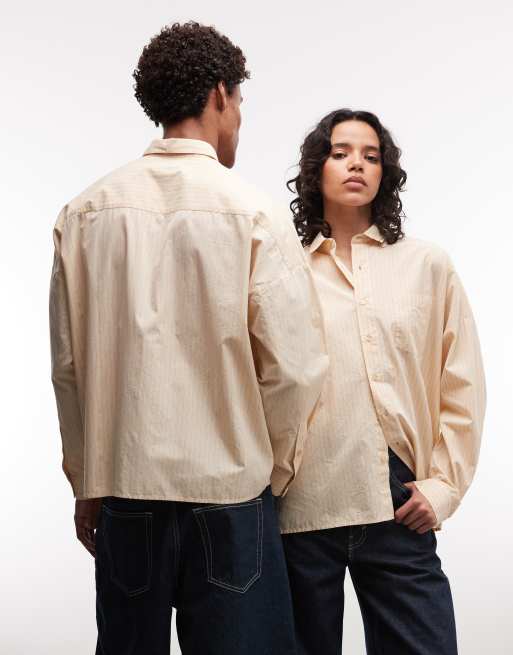 COLLUSION Unisex oversized long sleeve boxy shirt in buttermilk stripes, 4 of 4