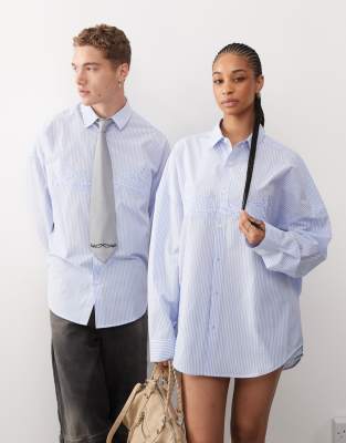 Collusion Unisex oversized long sleeve stripe shirt with applique in blue