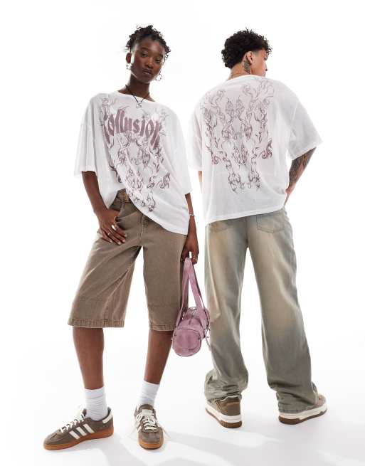COLLUSION Unisex - Oversized og hvid T-shirt i mesh med lyserødt print 