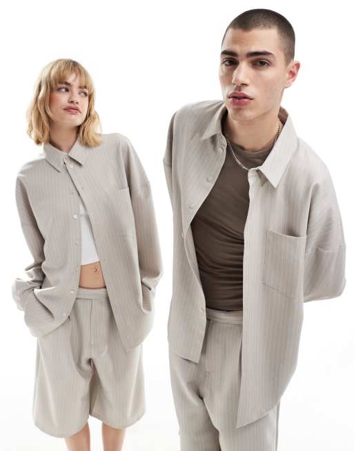 COLLUSION Unisex - Oversized overhemd in zand met krijtstreep, deel van co-ord set