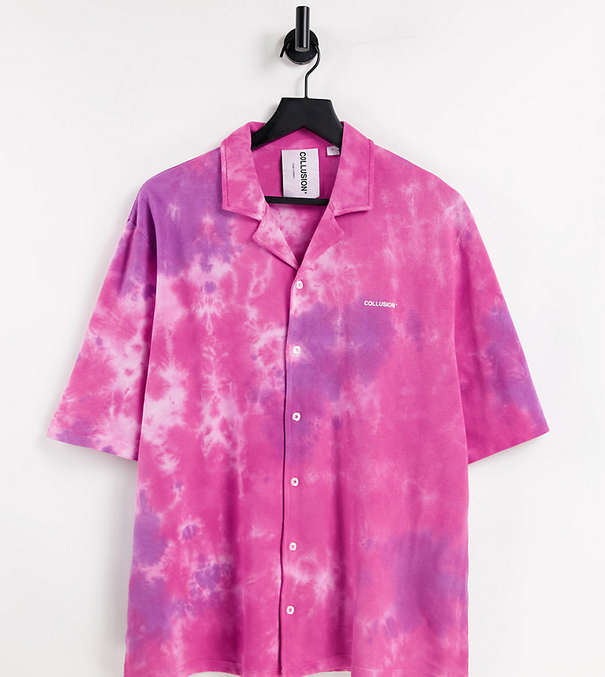 Shirt by COLLUSION Exclusive to ASOS Part of our responsible edit Tie-dye design Revere collar Button placket Branded print and embroidery Oversized fit