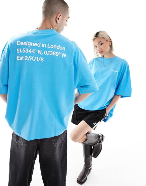 COLLUSION Unisex - Oversized piqué T-shirt met grafische logoprint op de achterkant in blauw - view 1