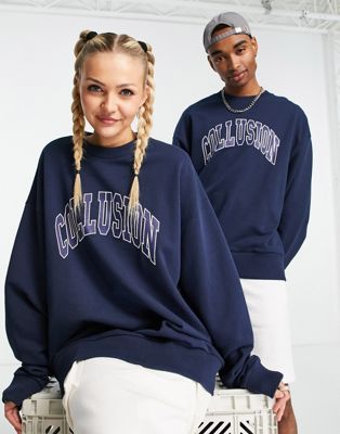 COLLUSION Unisex oversized pulled in sweatshirt with varsity print in dark blue
