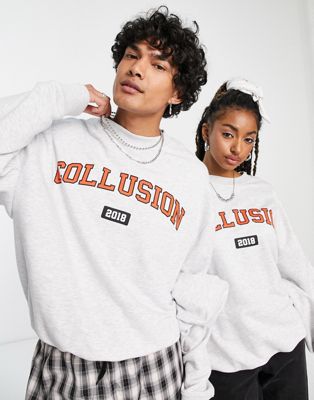 COLLUSION Unisex oversized pulled in sweatshirt with varsity print in grey marl