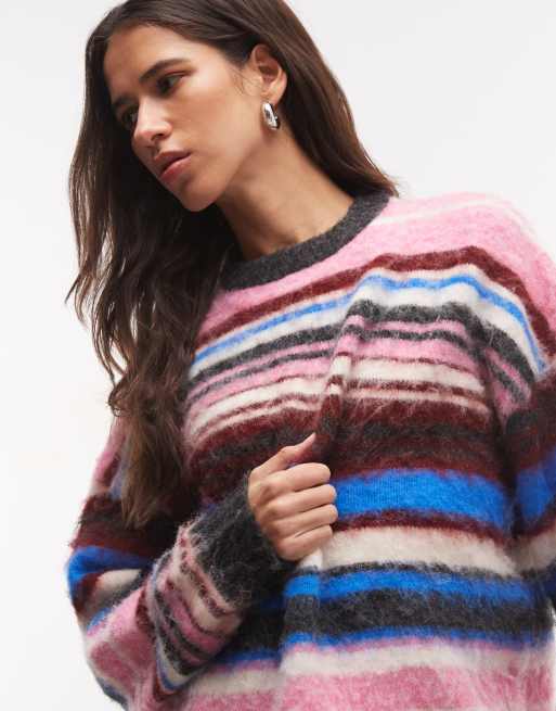 COLLUSION Unisex oversized Pullover mit flauschigen Streifen und Rundhalsausschnitt in Multi, 3 von 4