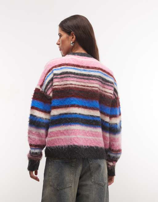 COLLUSION Unisex oversized Pullover mit flauschigen Streifen und Rundhalsausschnitt in Multi, 4 von 4