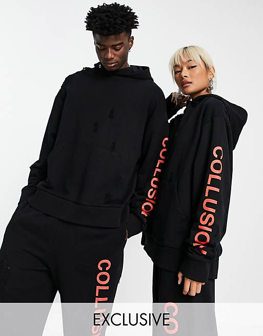 Women COLLUSION Unisex oversized ripped logo hoodie in black co-ord 