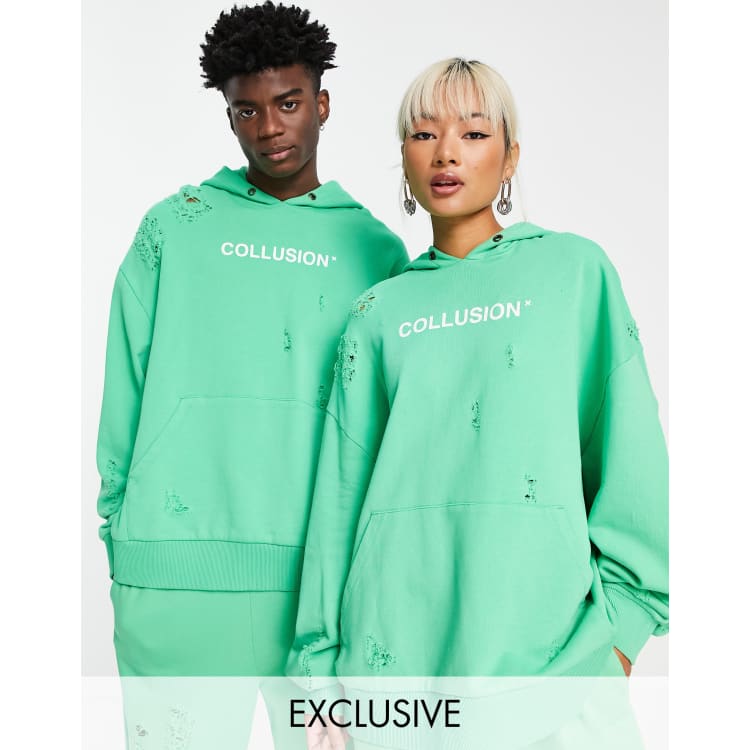 COLLUSION Unisex oversized ripped logo hoodie in green - part of a set