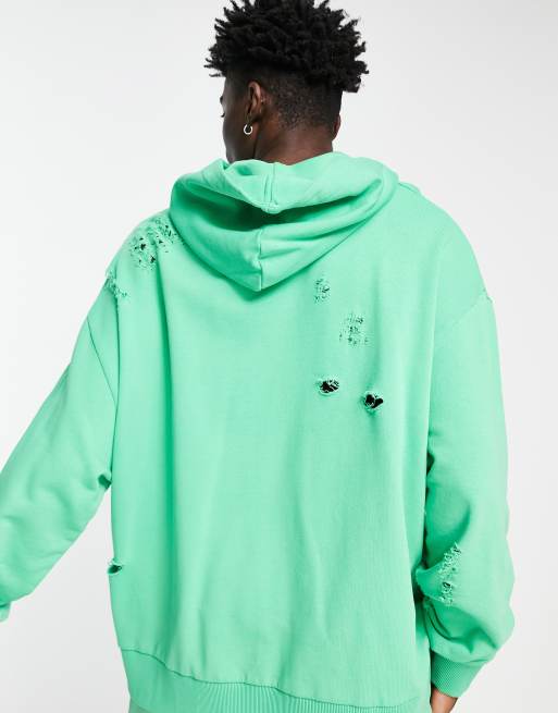 COLLUSION Unisex oversized ripped logo hoodie in green - part of a set