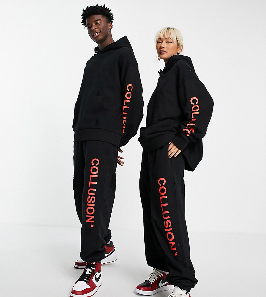 Joggers by COLLUSION Exclusive to ASOS Part of our responsible edit Hoodie sold separately Distressed finish Elasticated waist Side pockets Logo print to leg Elasticated cuffs Oversized, tapered fit Unisex style