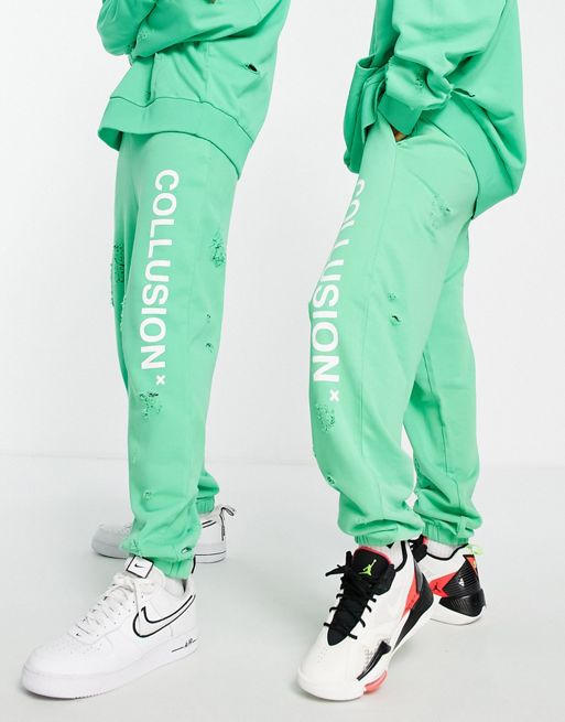 COLLUSION Unisex oversized ripped logo hoodie in green - part of a set