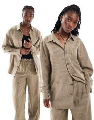 Collusion Unisex oversized shirt in brown pinstripe part of a set