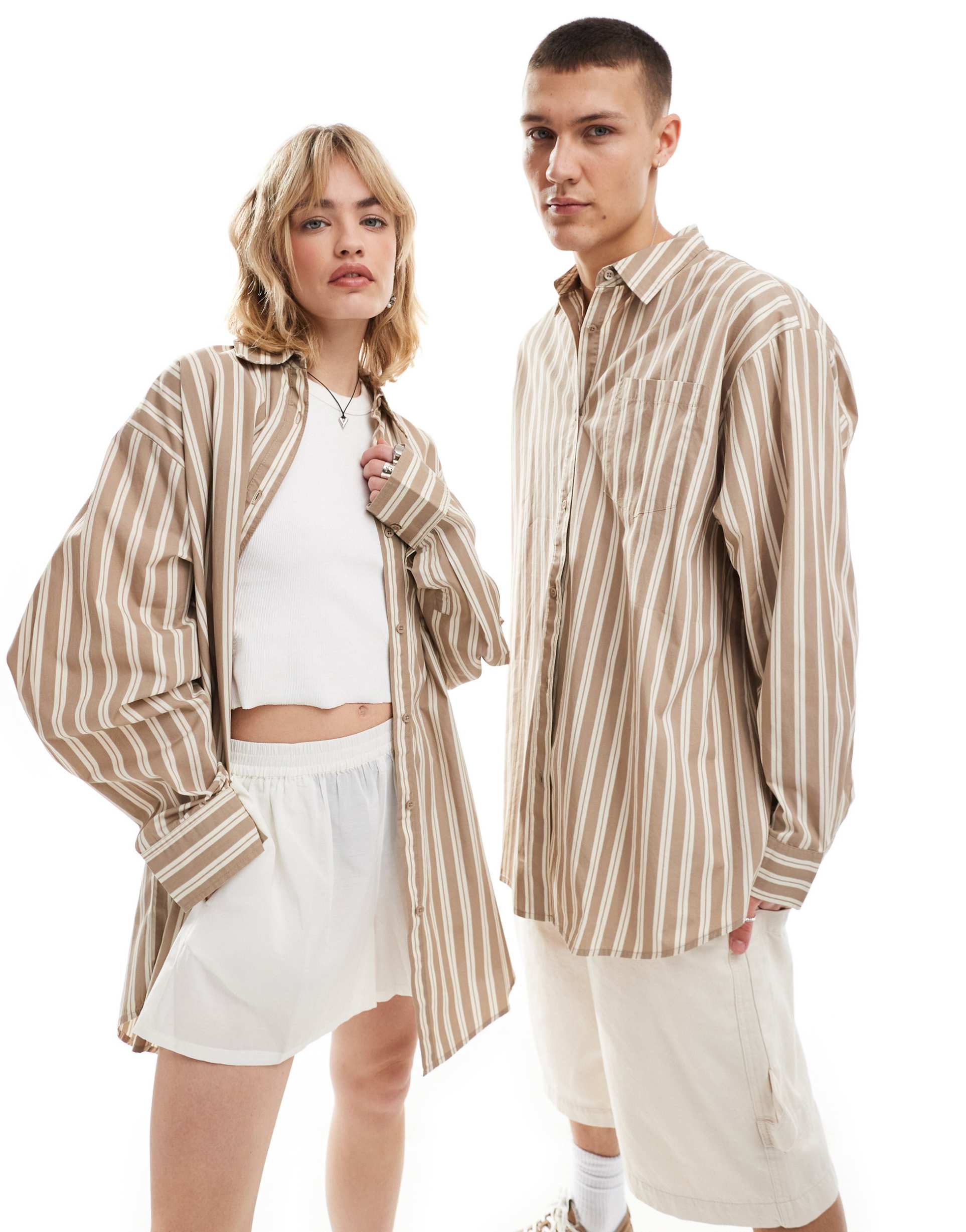 collusion unisex oversized shirt in neutral stripe