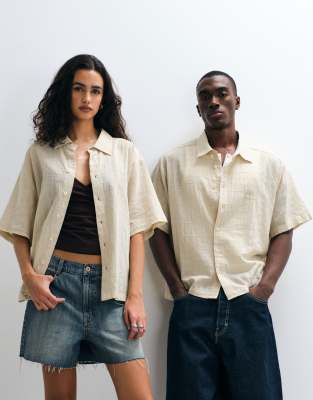 Collusion Unisex Oversized Short Sleeve Boxy Beach Shirt In Neutral