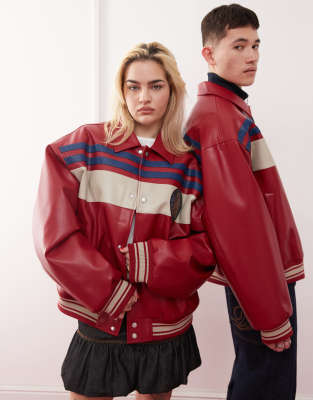 Unisex oversized spliced PU bomber jacket in red