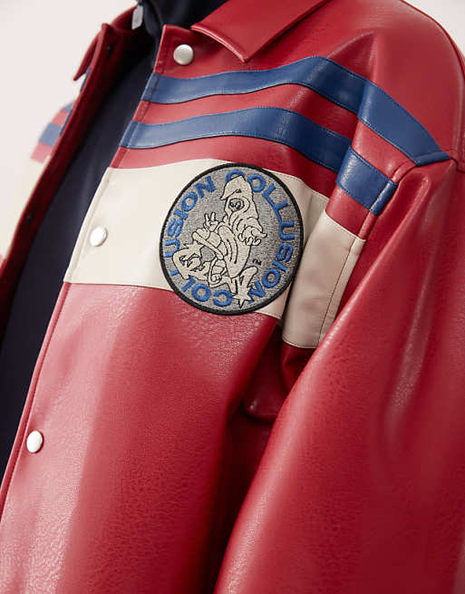 COLLUSION Unisex oversized spliced PU bomber jacket in red COLLUSION Unisex oversized spliced PU bomber jacket in red