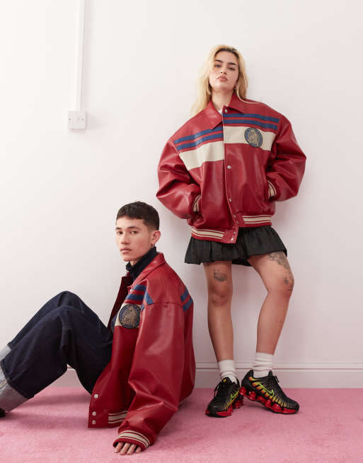COLLUSION unisex oversized spliced PU bomber jacket in red, 3 of 4