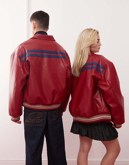 COLLUSION Unisex oversized spliced PU bomber jacket in red COLLUSION Unisex oversized spliced PU bomber jacket in red