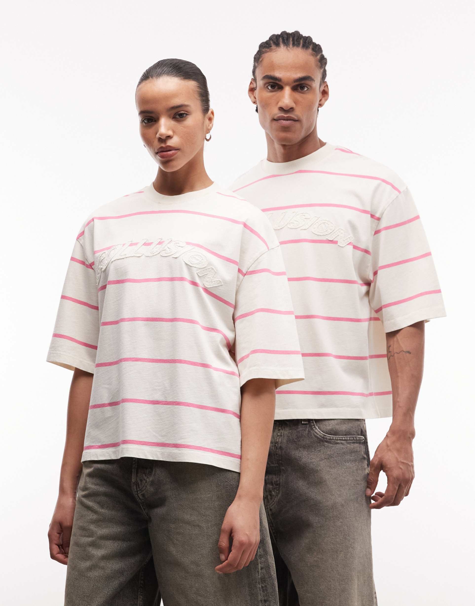 collusion unisex oversized striped logo t-shirt in yellow and pink