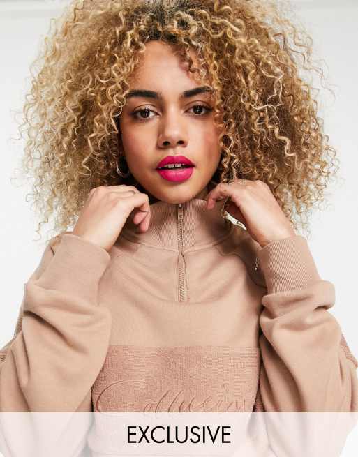 COLLUSION Unisex - Oversized sweatshirt met korte rits en inzetstukken in vaalbruin