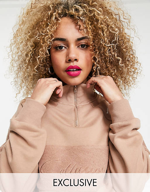 COLLUSION Unisex oversized sweatshirt with half zip and panels in dusty brown