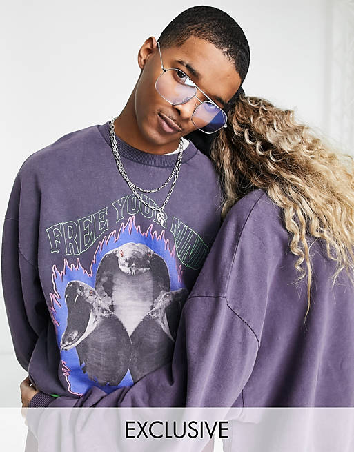 Women COLLUSION Unisex oversized sweatshirt with snake print in purple acid wash 