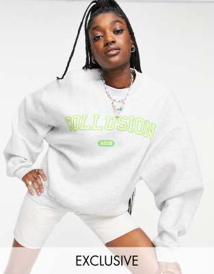 COLLUSION Unisex oversized sweatshirt with varsity logo print in gray heather-Grey