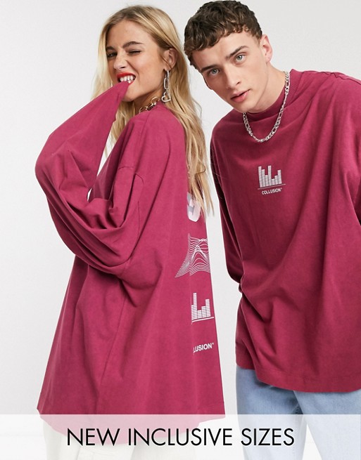 COLLUSION Unisex oversized t-shirt in burgundy acid wash with print