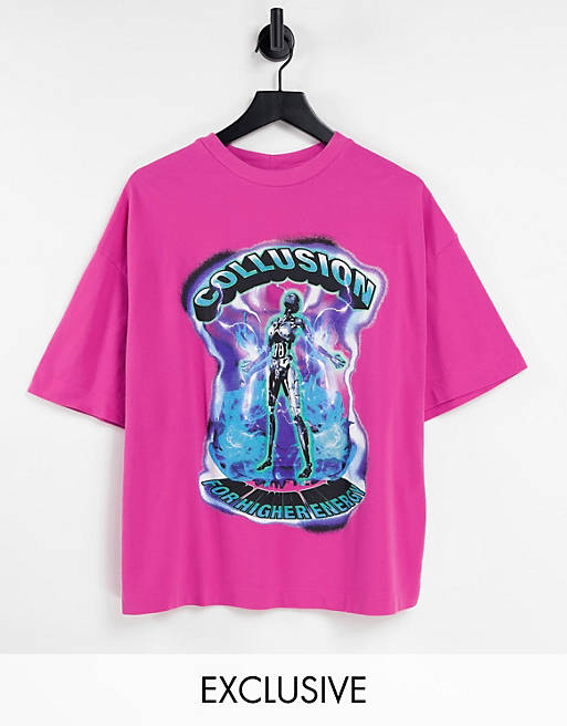COLLUSION Unisex oversized t-shirt in pique with skeleton print in pink