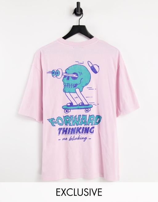 COLLUSION Unisex - Oversized T-shirt met cartoon-schedelprint in roze met acid wash