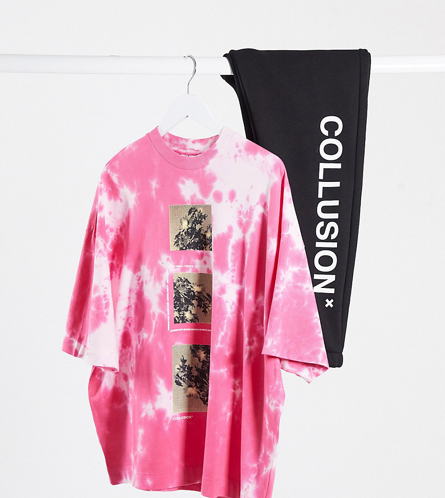 COLLUSION Unisex - Oversized T-shirt met print in tie-dye in roze