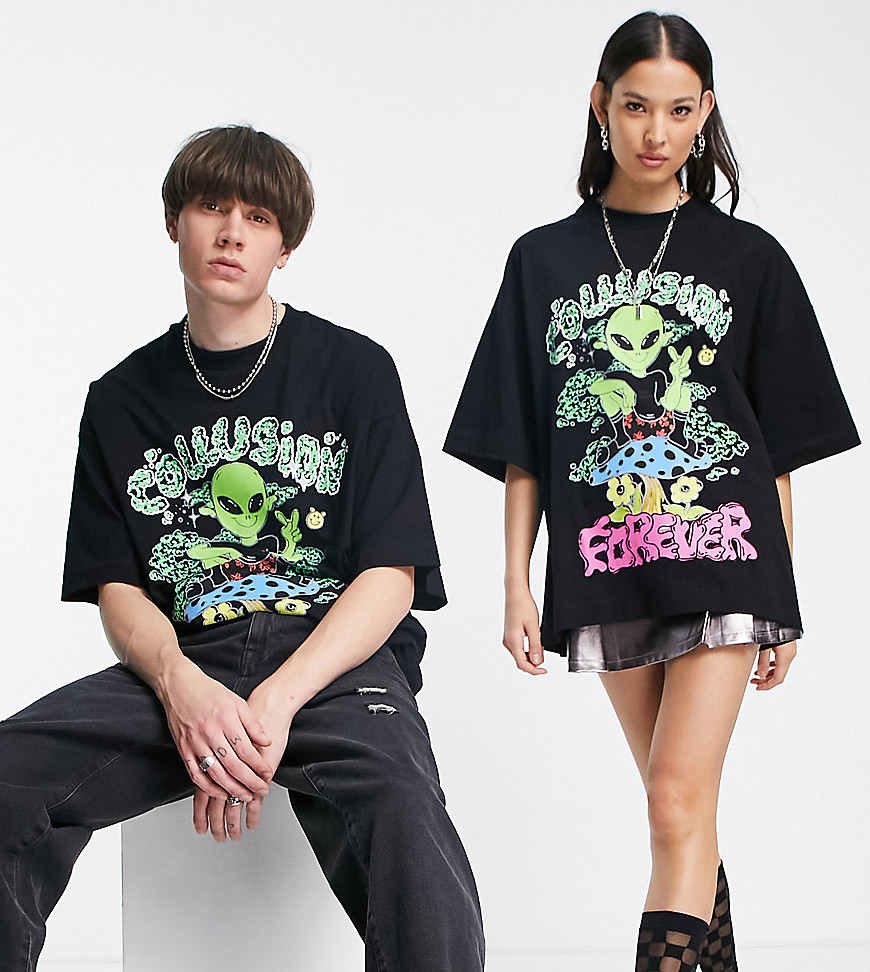 COLLUSION Unisex oversized t-shirt with alien print in black