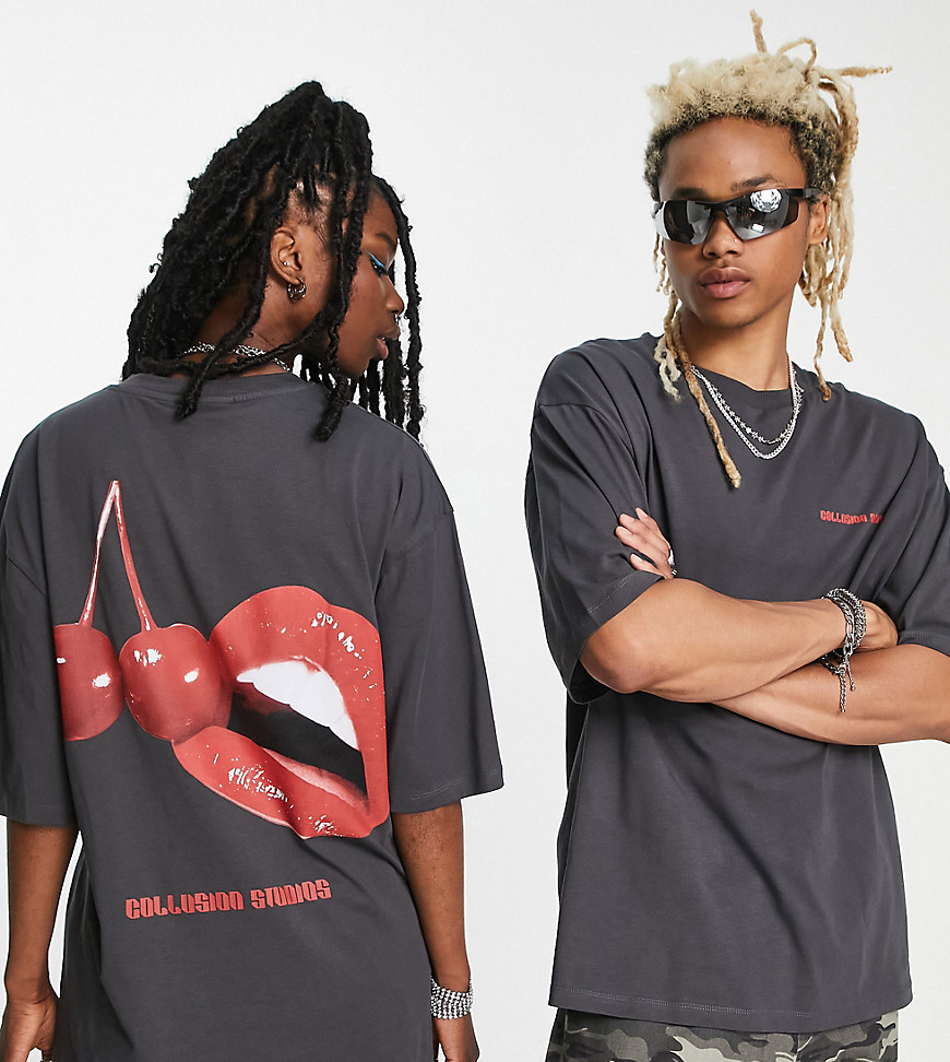 COLLUSION Unisex oversized T-shirt with cherry print in charcoal-Gray