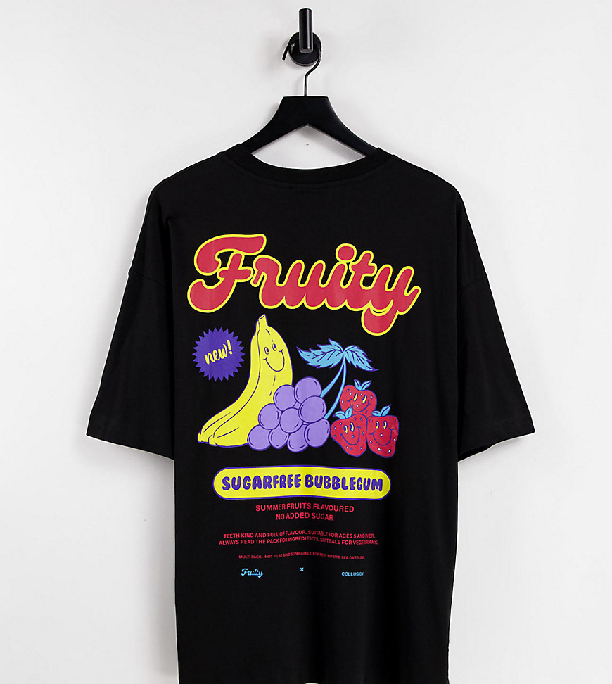 COLLUSION Unisex oversized T-shirt with Fruity print in black