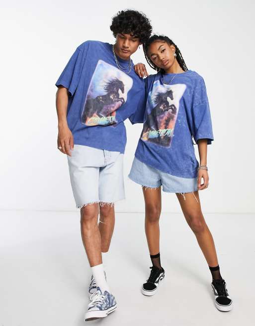 COLLUSION Unisex oversized T shirt with horse print in blue acid