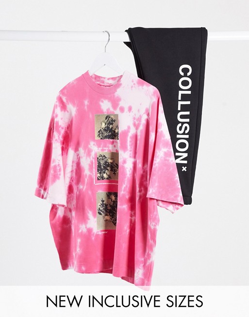 COLLUSION Unisex oversized t-shirt with print in pink tie dye